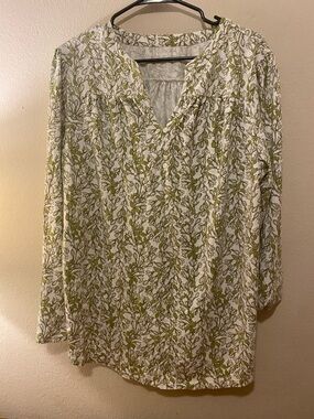 Lands' End Olive Leaf Print V-Neck Tunic Blouse Sz1X Ladies Plus